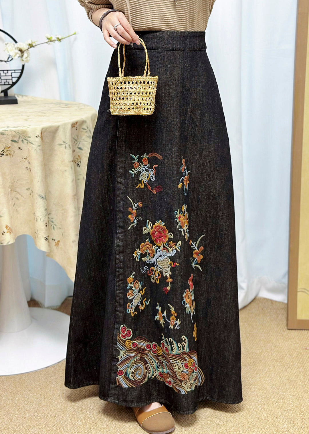 Chinese Style Black Embroidered Denim Skirts Summer