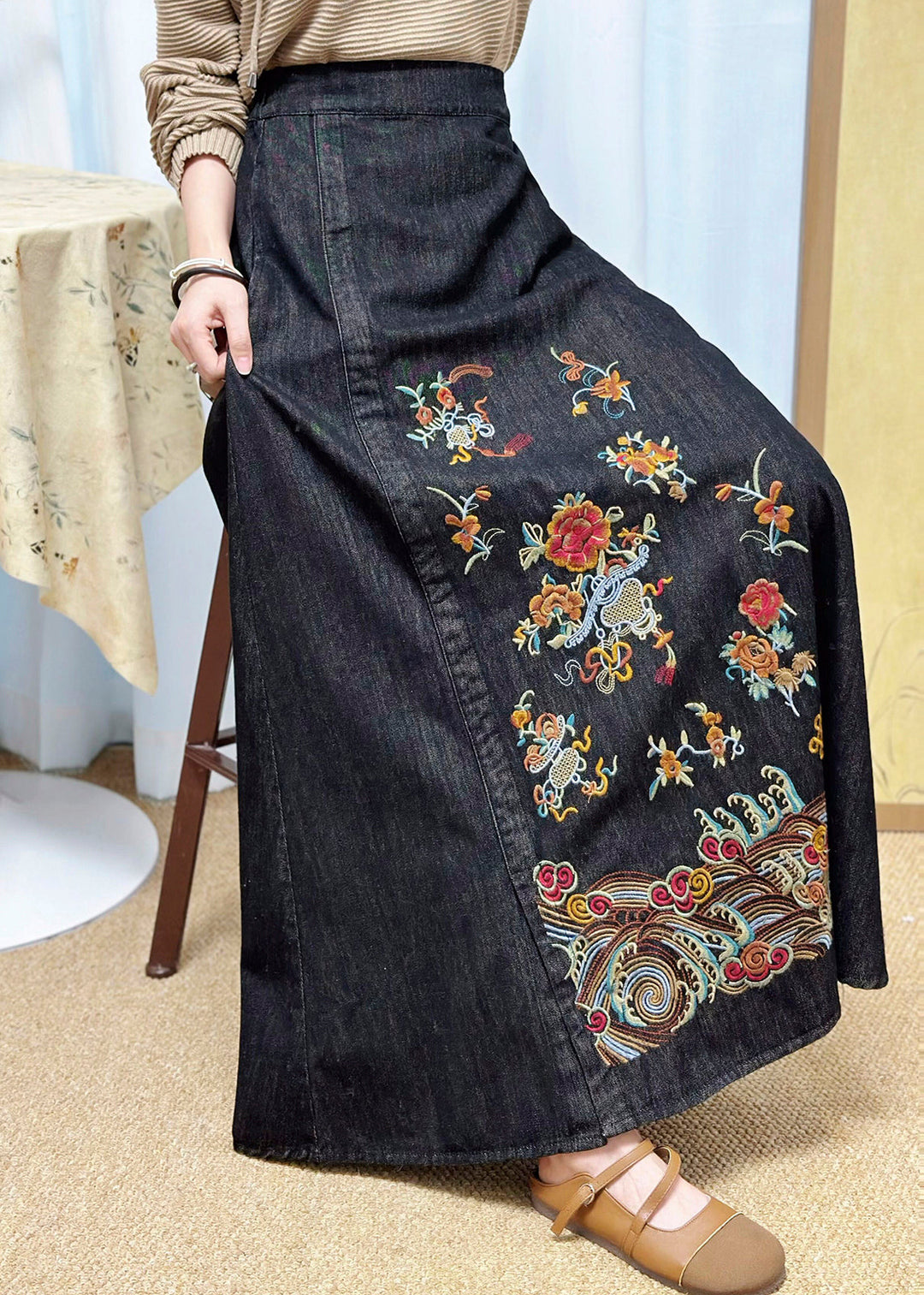 Chinese Style Black Embroidered Denim Skirts Summer