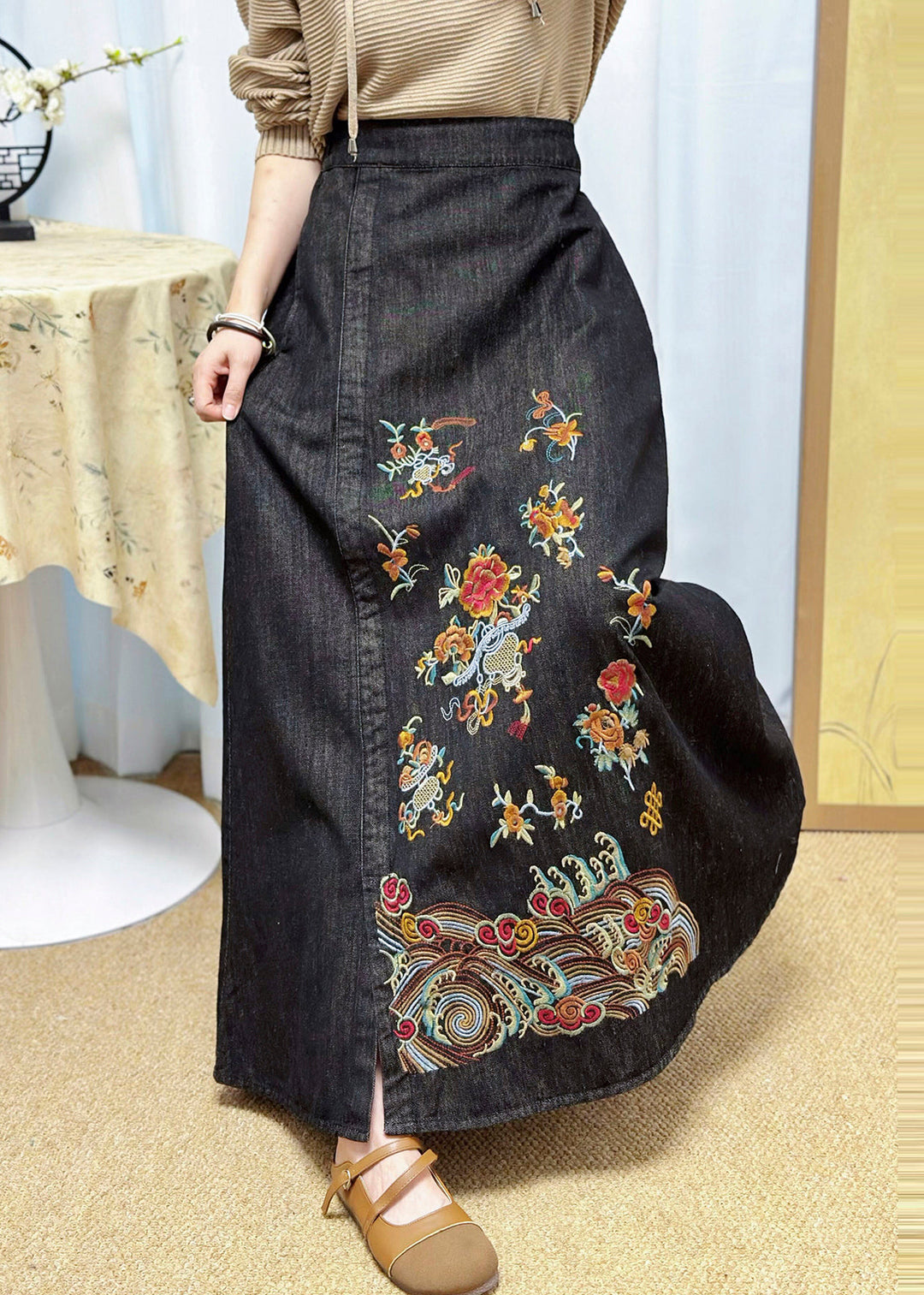 Chinese Style Black Embroidered Denim Skirts Summer