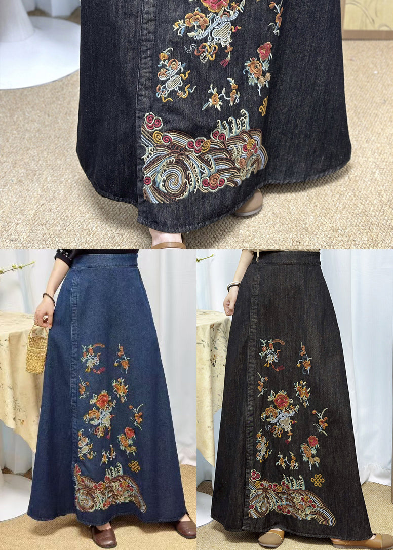 Chinese Style Black Embroidered Denim Skirts Summer