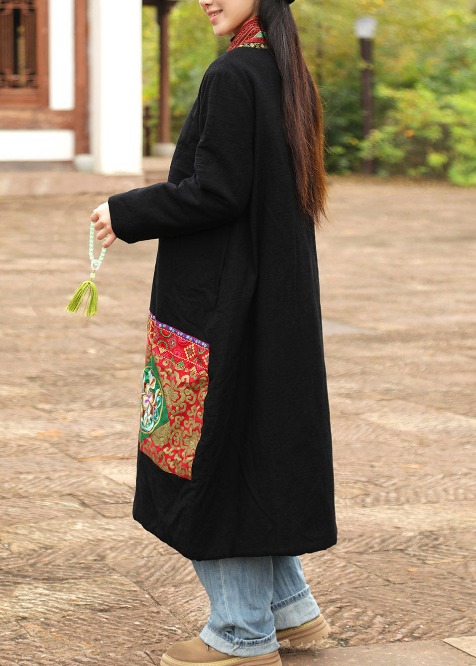 Chinese Style Black Embroidered Maxi Parka Winter