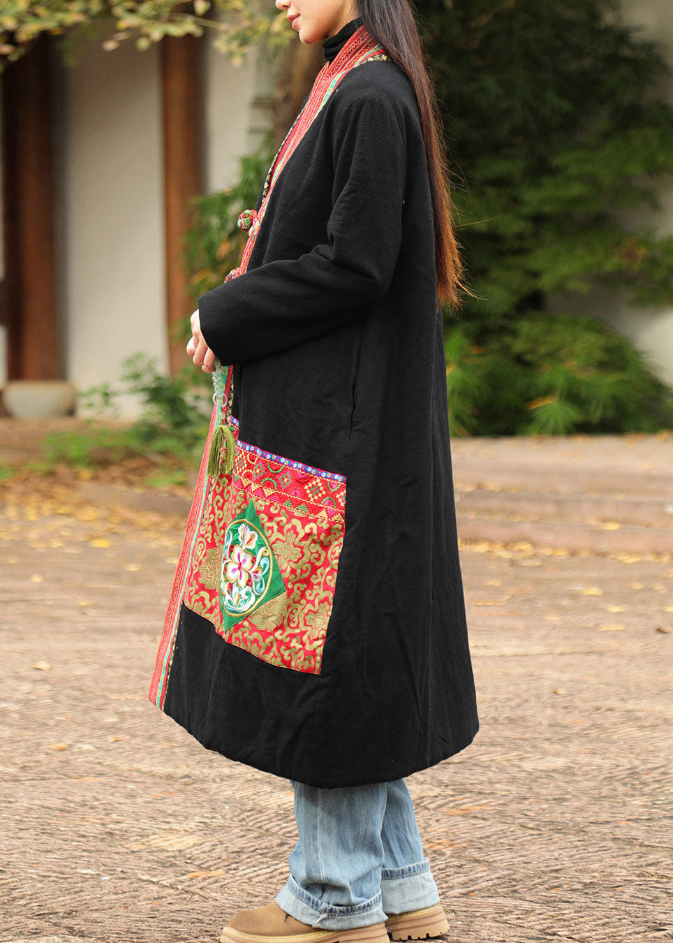 Chinese Style Black Embroidered Maxi Parka Winter