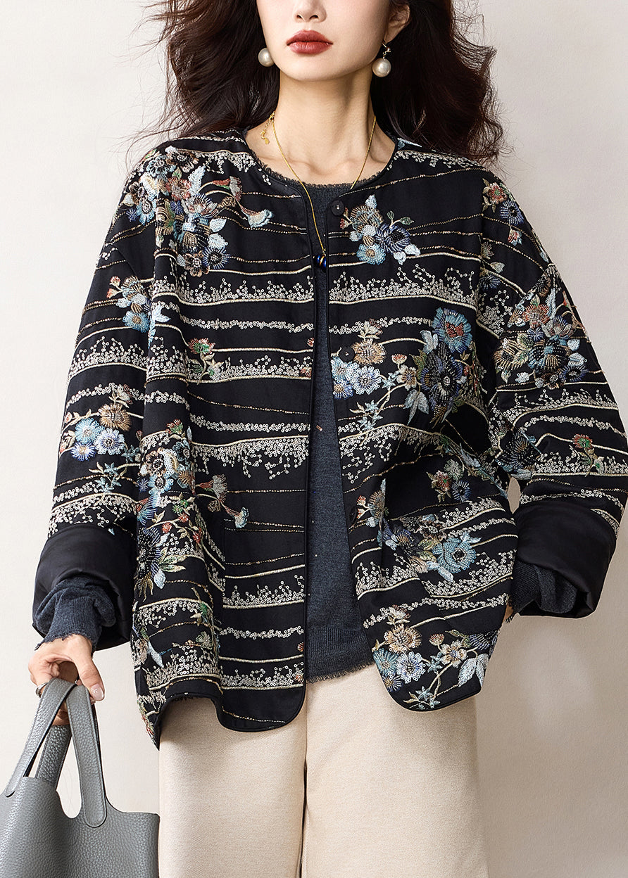 Chinese Style Black Embroidered Sequins Cotton Coats Spring