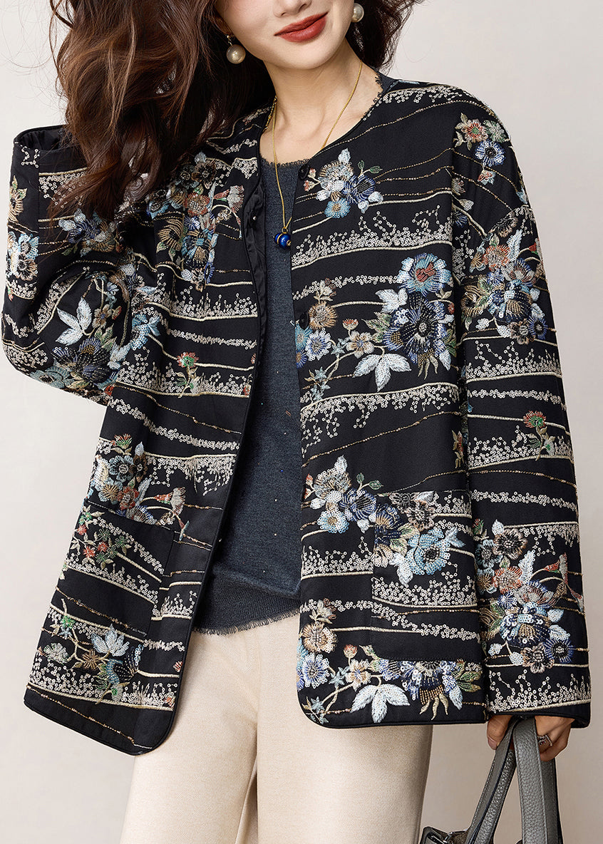 Chinese Style Black Embroidered Sequins Cotton Coats Spring