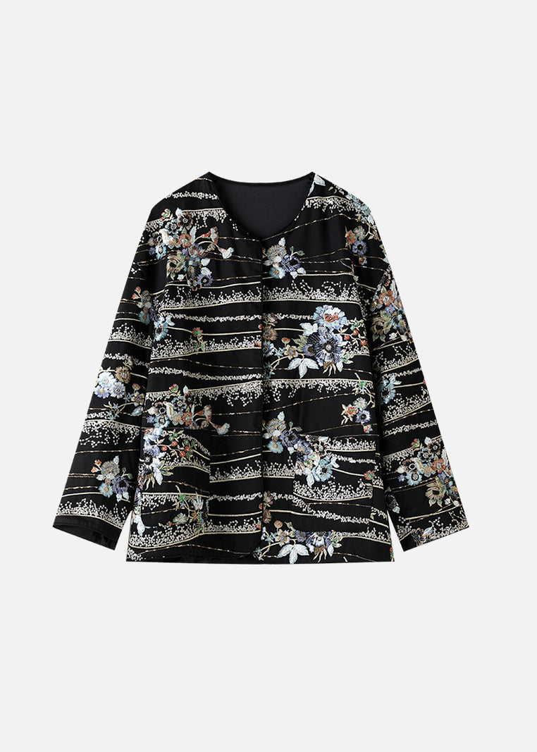 Chinese Style Black Embroidered Sequins Cotton Coats Spring