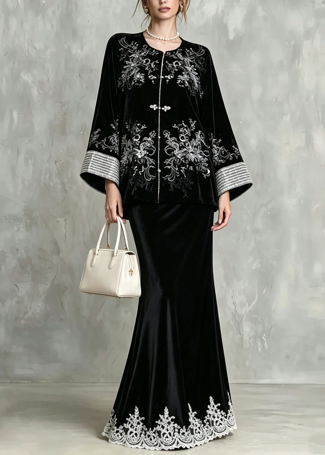 Chinese Style Black Embroidered Sequins Velvet 3 Piece Outfit Fall