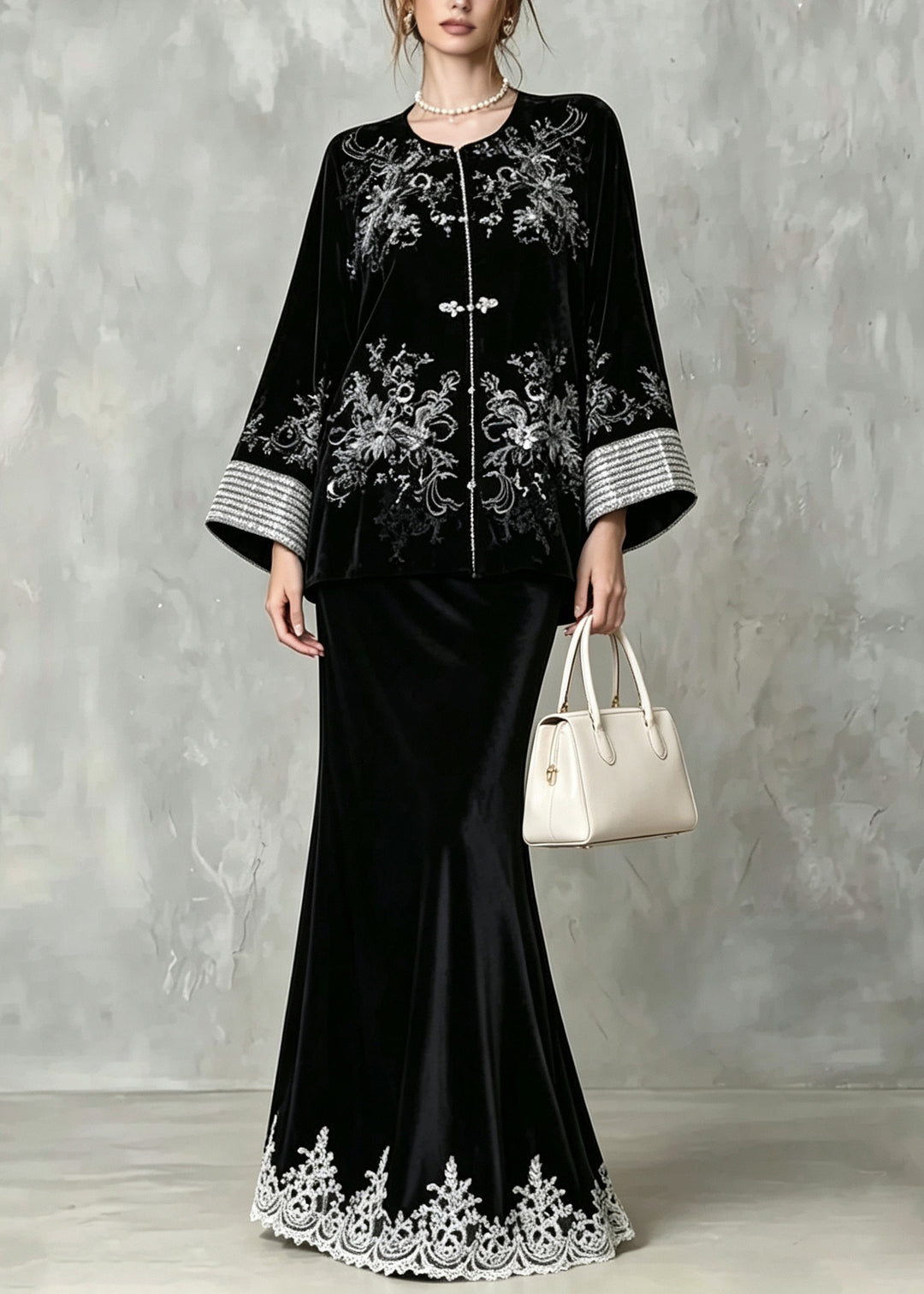 Chinese Style Black Embroidered Sequins Velvet 3 Piece Outfit Fall