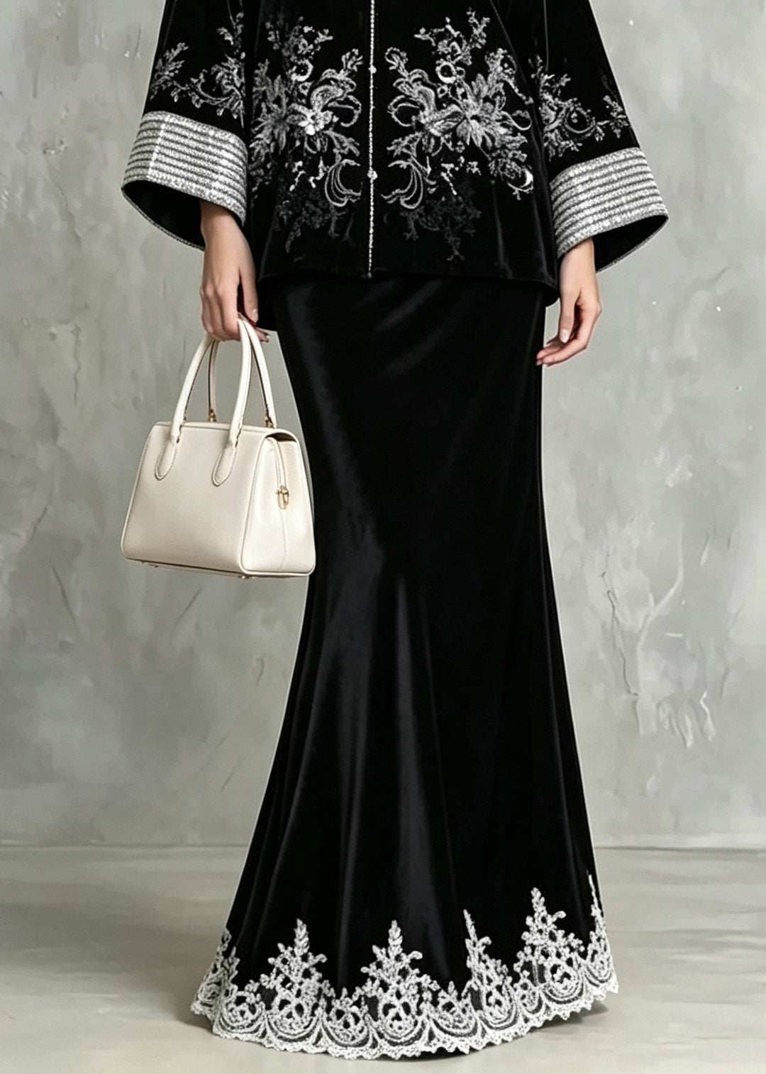 Chinese Style Black Embroidered Sequins Velvet 3 Piece Outfit Fall