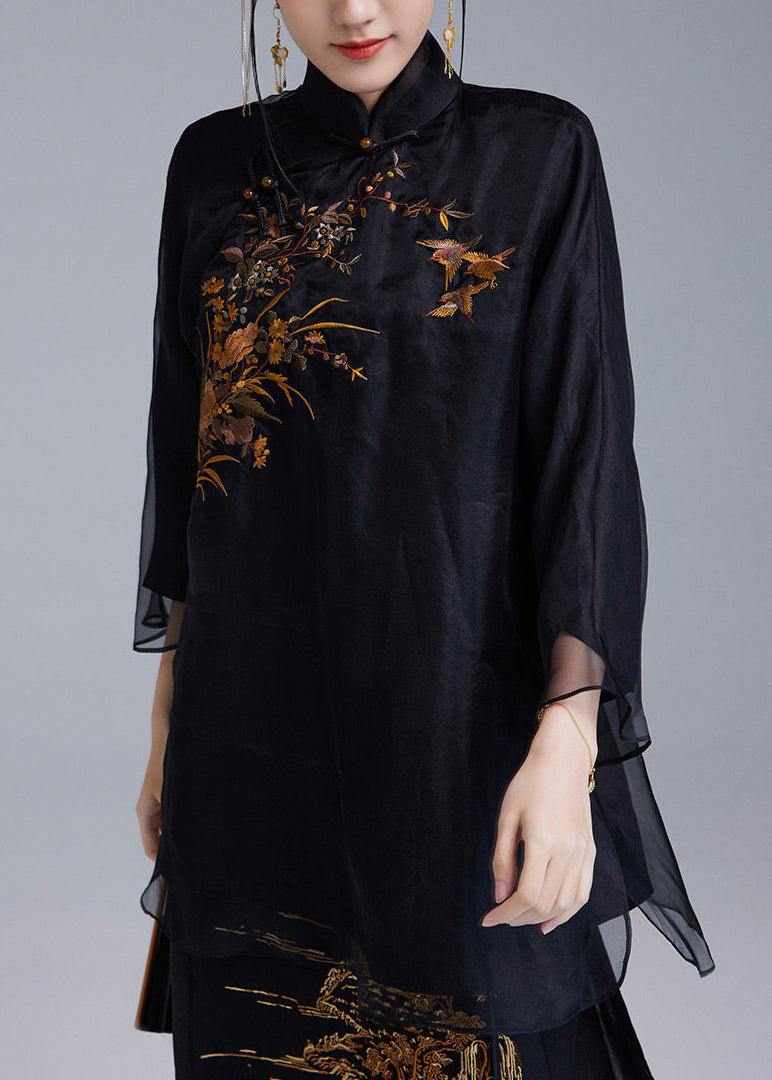 Chinese Style Black Embroidered Silk Top Bracelet Sleeve