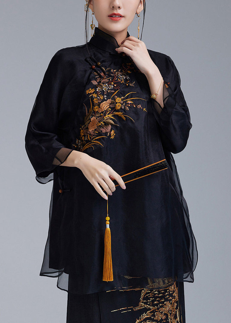 Chinese Style Black Embroidered Silk Top Bracelet Sleeve