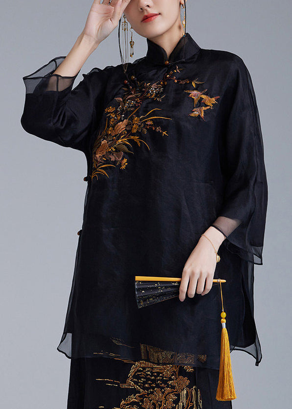 Chinese Style Black Embroidered Silk Top Bracelet Sleeve