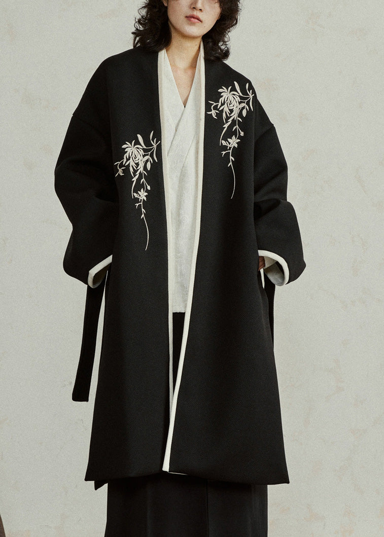 Chinese Style Black Embroidered Tie Waist Woolen Maxi Coats Fall