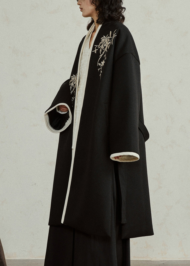 Chinese Style Black Embroidered Tie Waist Woolen Maxi Coats Fall
