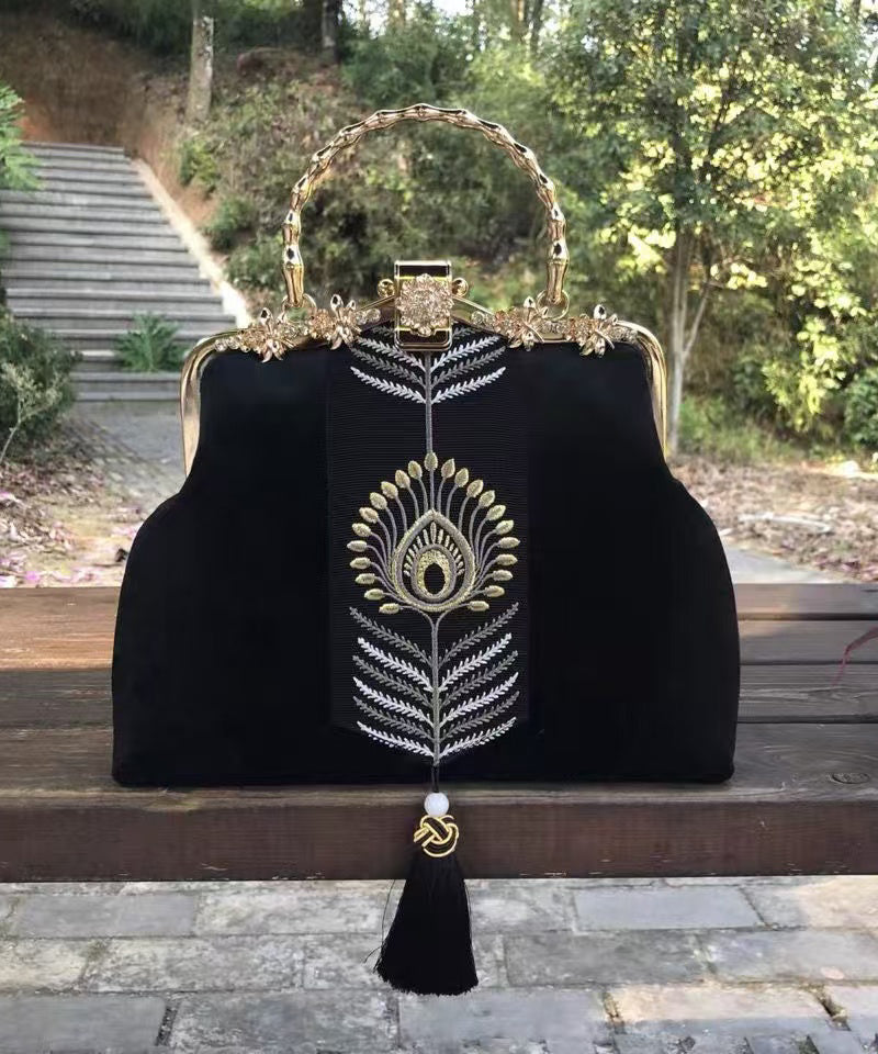 Chinese Style Black Embroidery Zircon Tote Bag