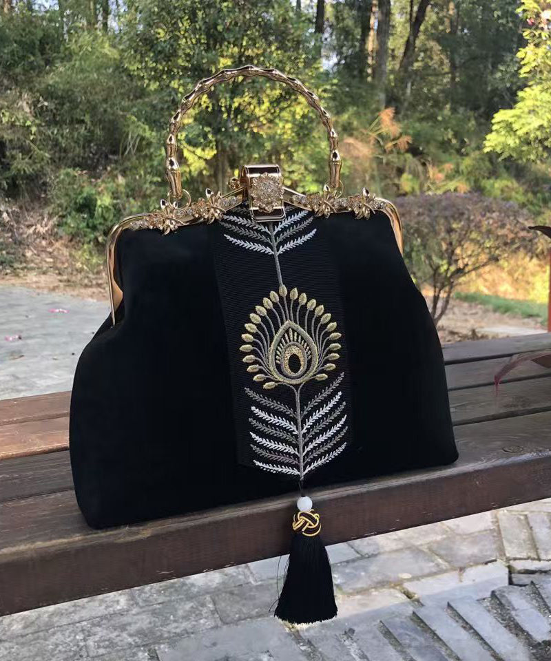 Chinese Style Black Embroidery Zircon Tote Bag