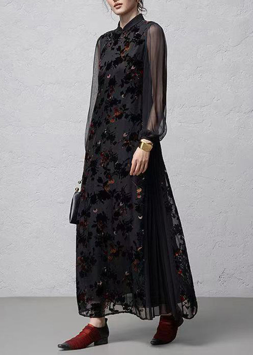 Chinese Style Black Flocked Jacquard Stand Collar Dresses Spring