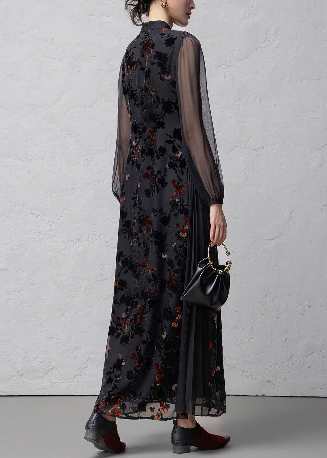 Chinese Style Black Flocked Jacquard Stand Collar Dresses Spring