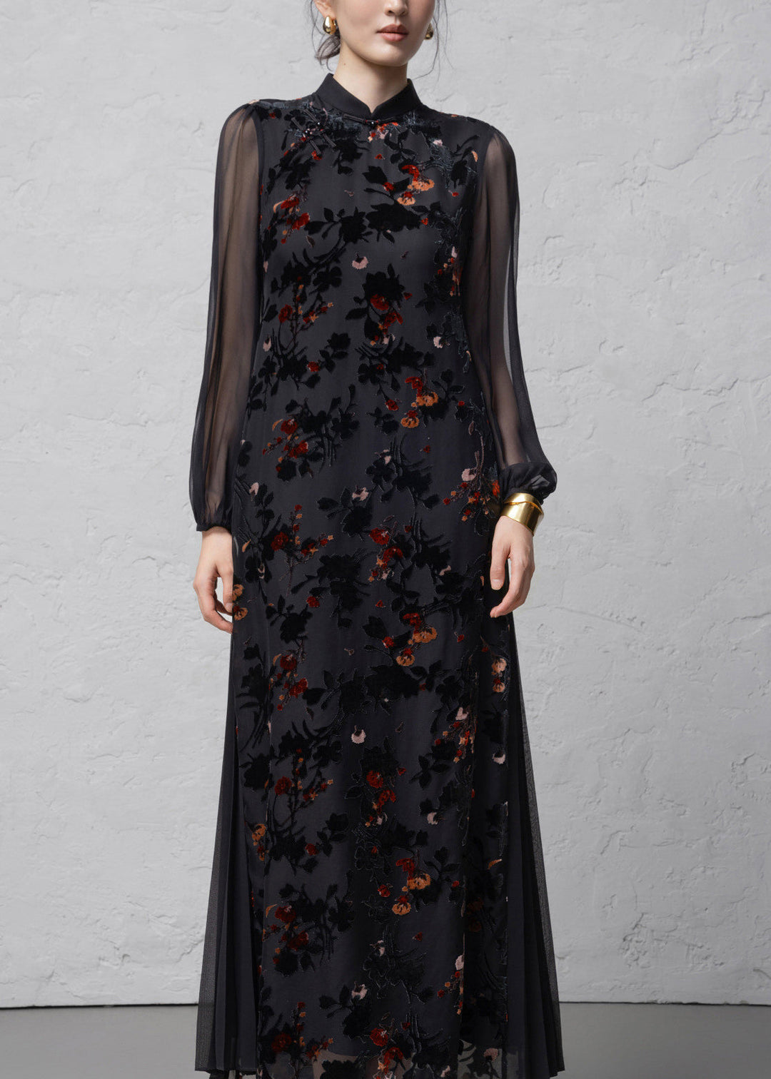 Chinese Style Black Flocked Jacquard Stand Collar Dresses Spring