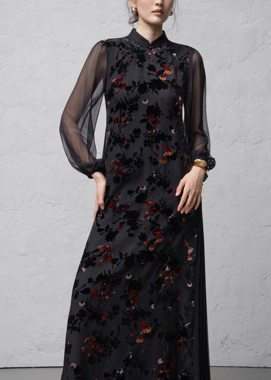 Chinese Style Black Flocked Jacquard Stand Collar Dresses Spring