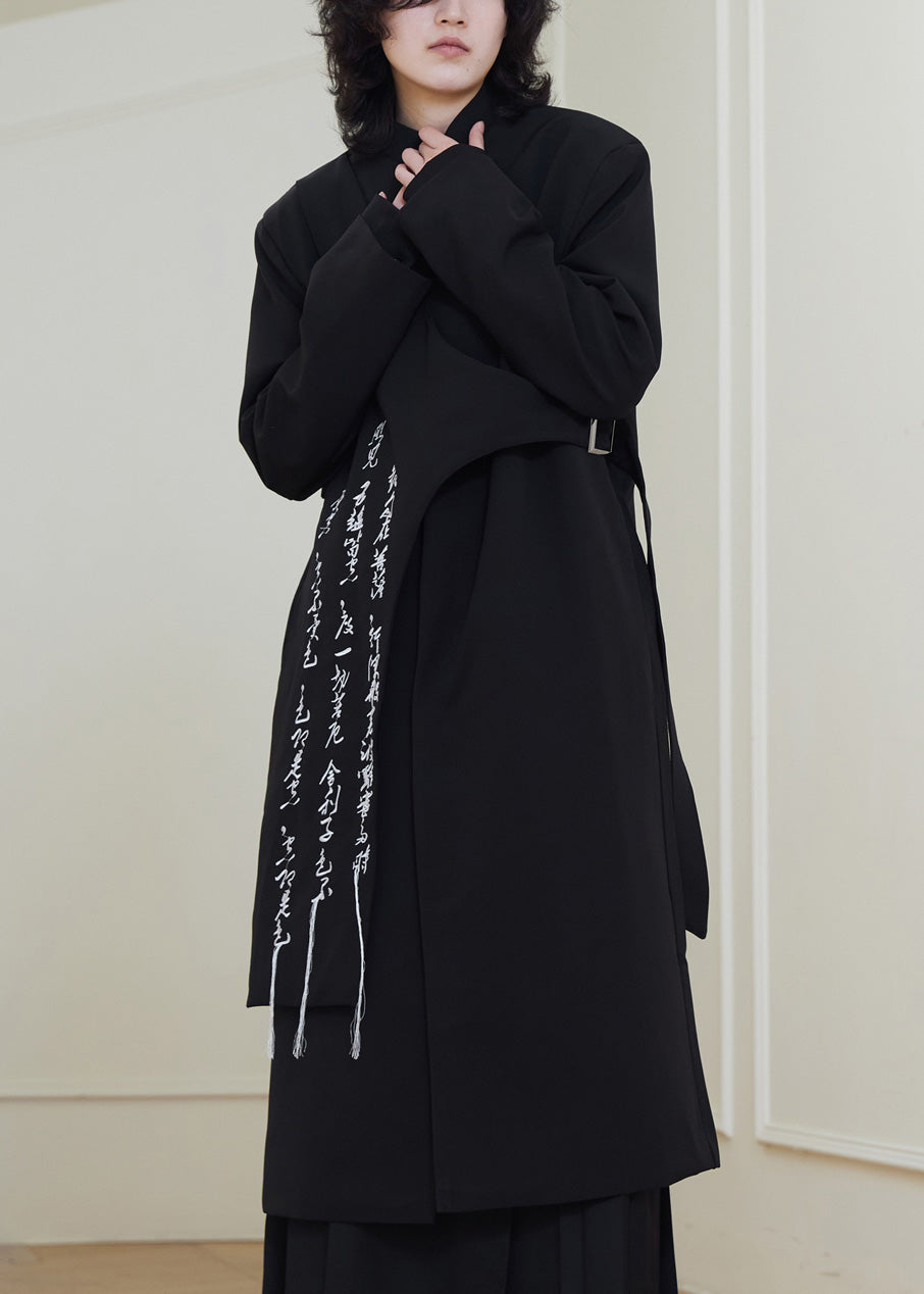 Chinese Style Black Graphic Embroidered Tassel Maxi Coat Fall