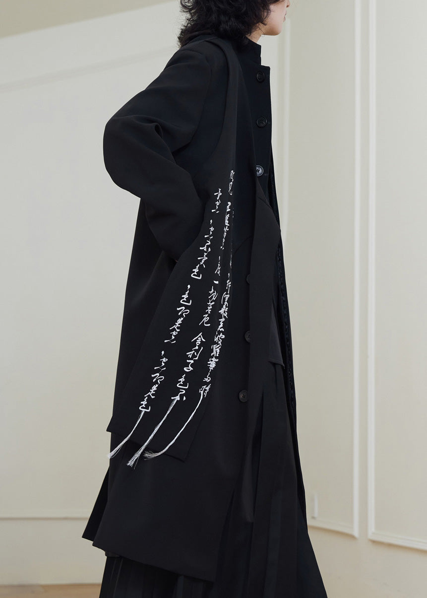 Chinese Style Black Graphic Embroidered Tassel Maxi Coat Fall