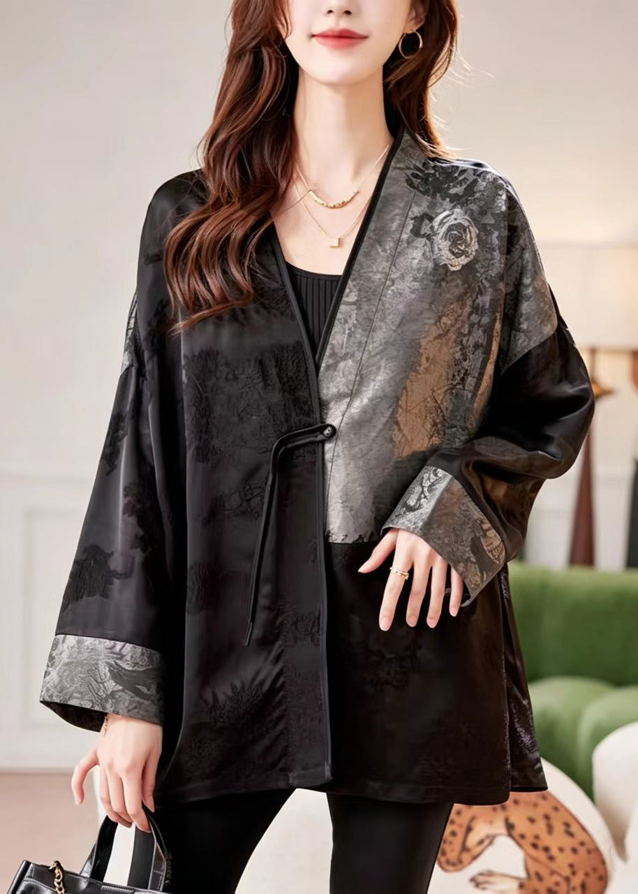 Chinese Style Black Grey V Neck One Frog Button Jacquard Coat Fall