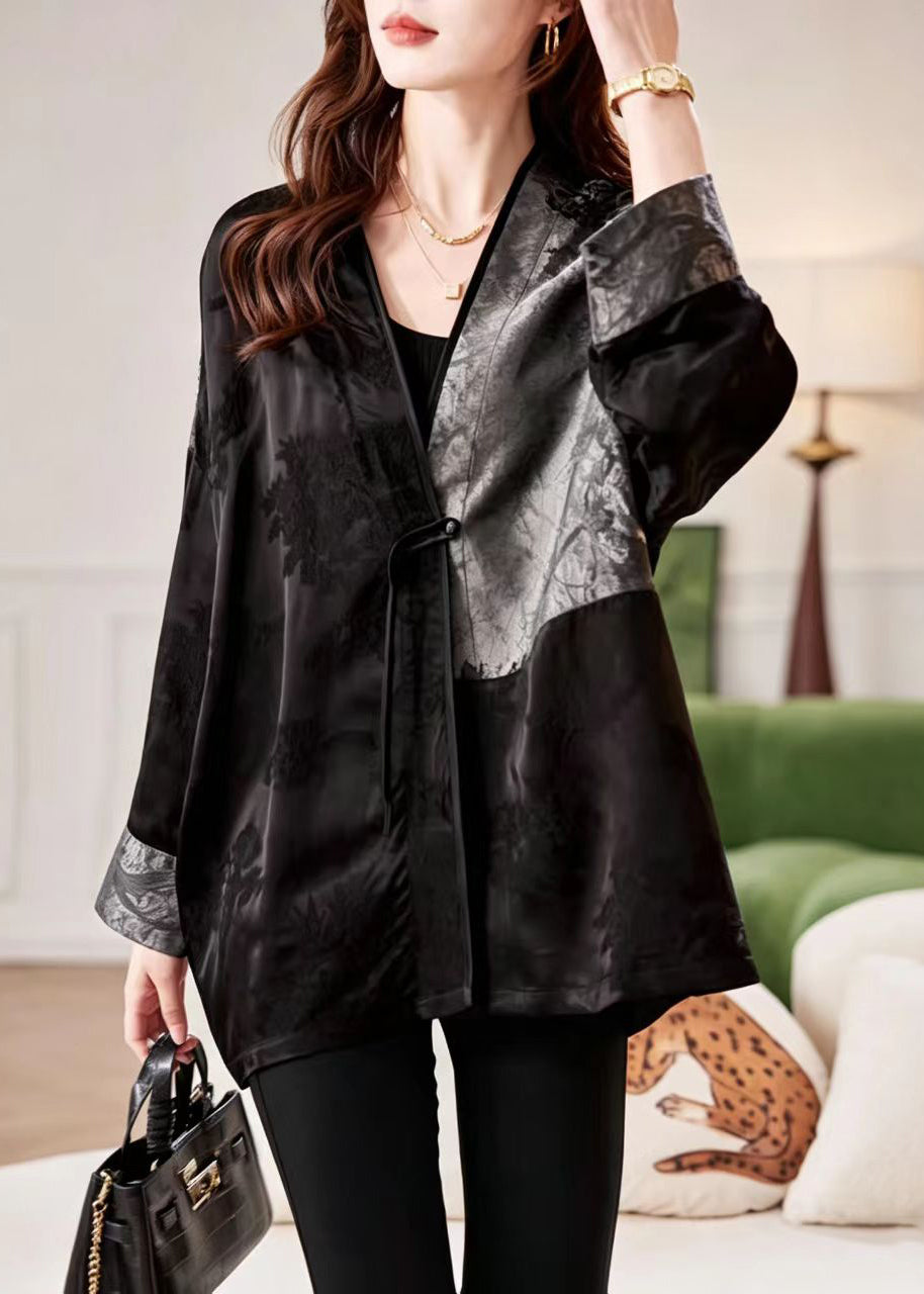 Chinese Style Black Grey V Neck One Frog Button Jacquard Coat Fall