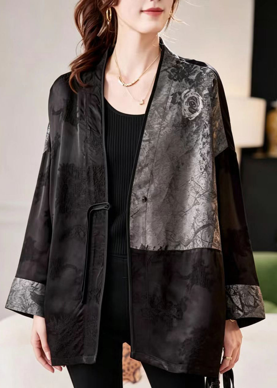 Chinese Style Black Grey V Neck One Frog Button Jacquard Coat Fall