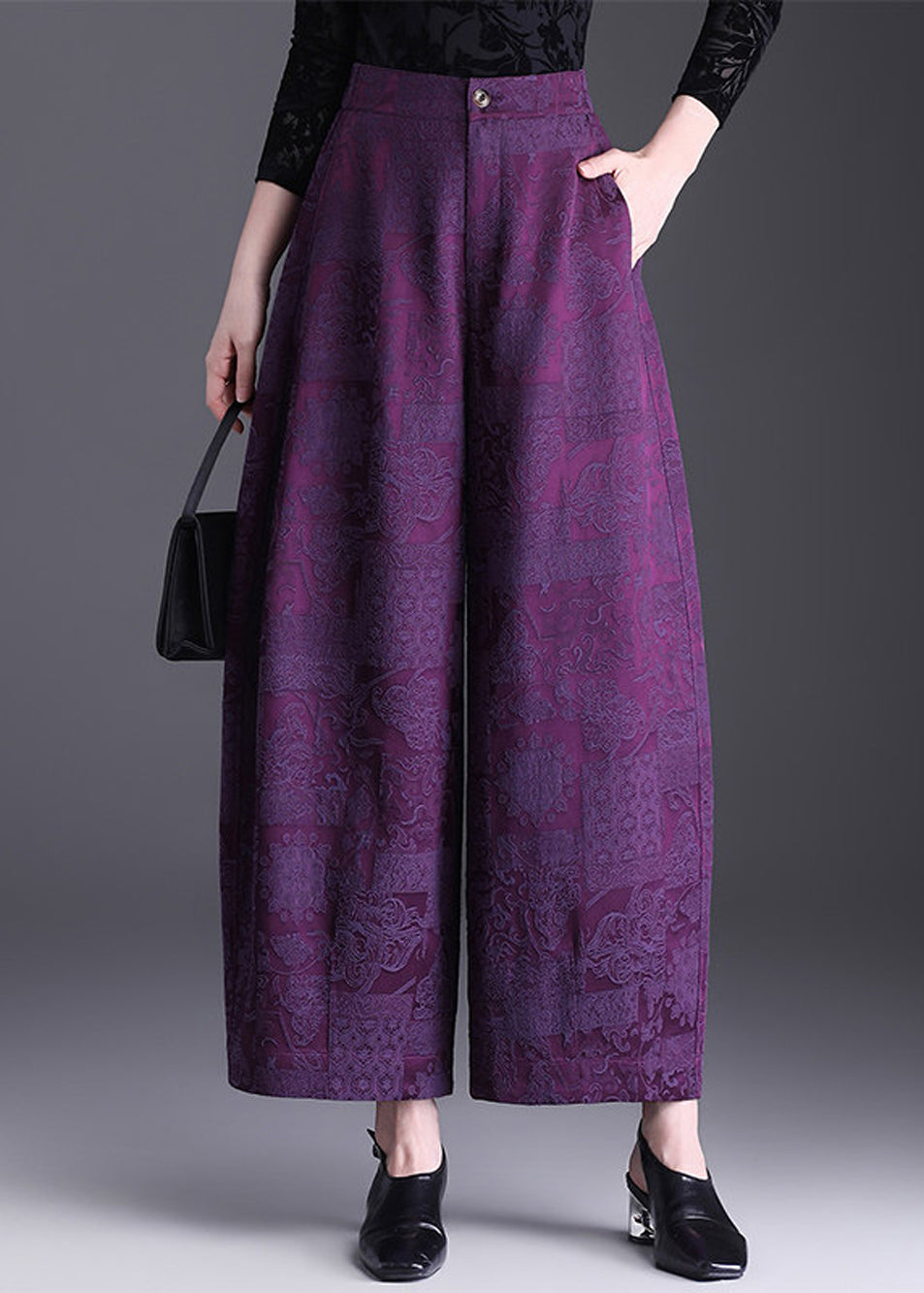 Chinese Style Black Jacquard High Waist Wide Leg Crop Pants Fall