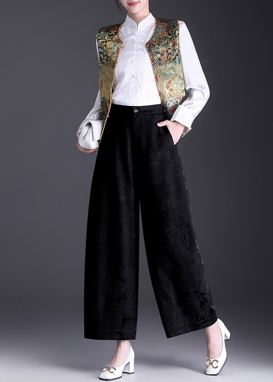 Chinese Style Black Jacquard High Waist Wide Leg Crop Pants Fall