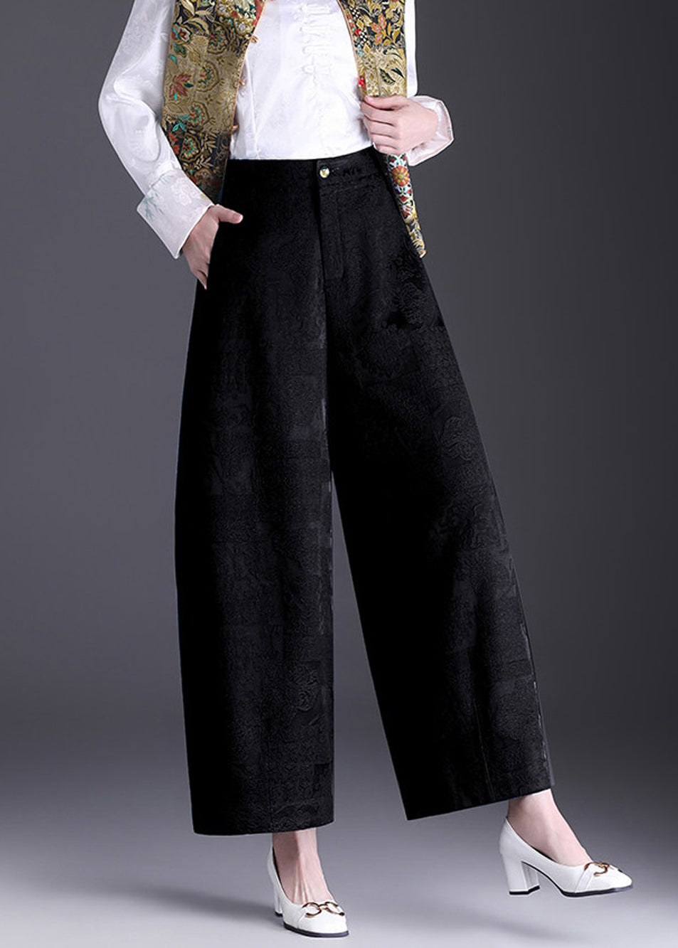 Chinese Style Black Jacquard High Waist Wide Leg Crop Pants Fall