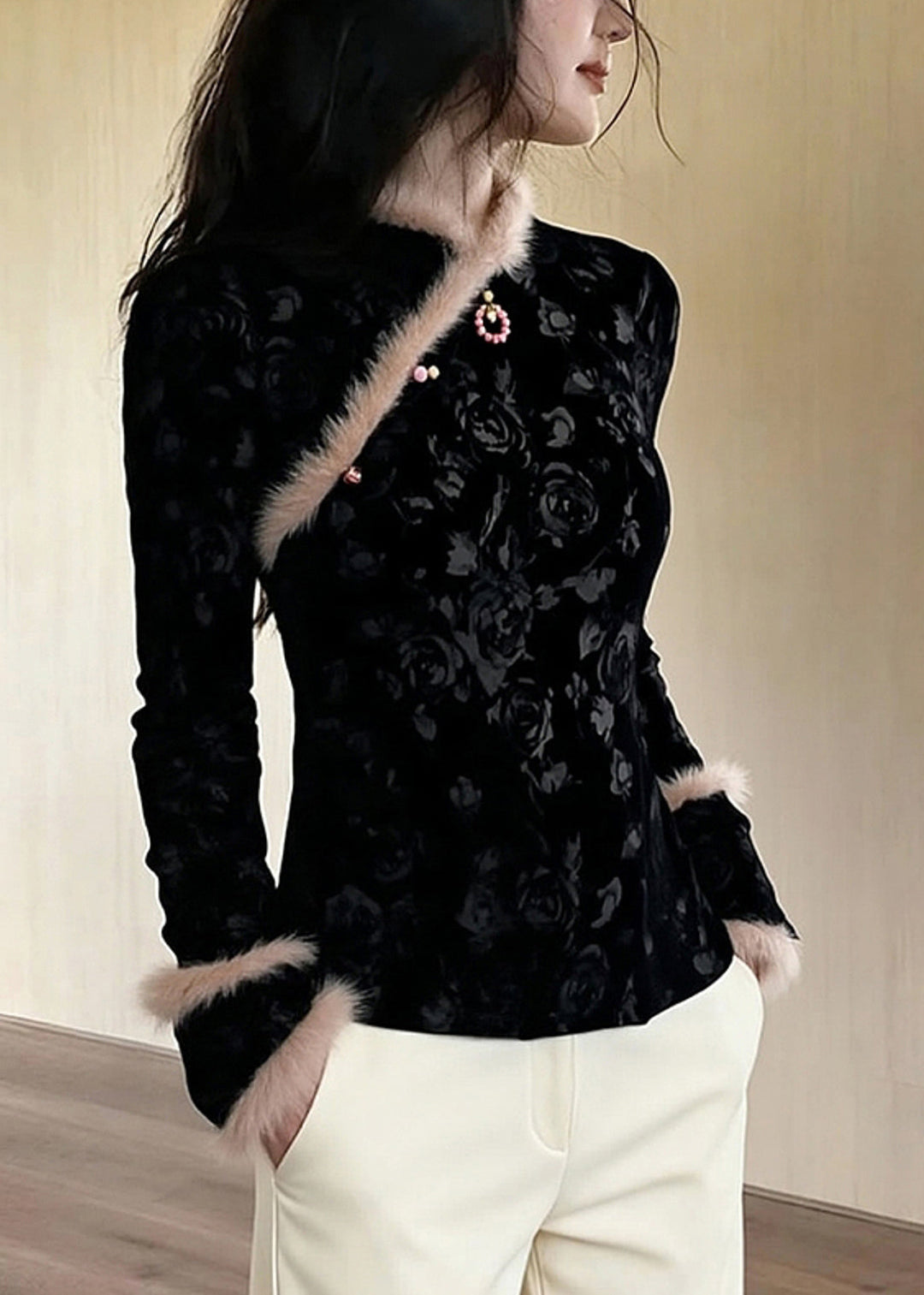 Chinese Style Black Jacquard Patchwork Faux Fur Blouses Winter