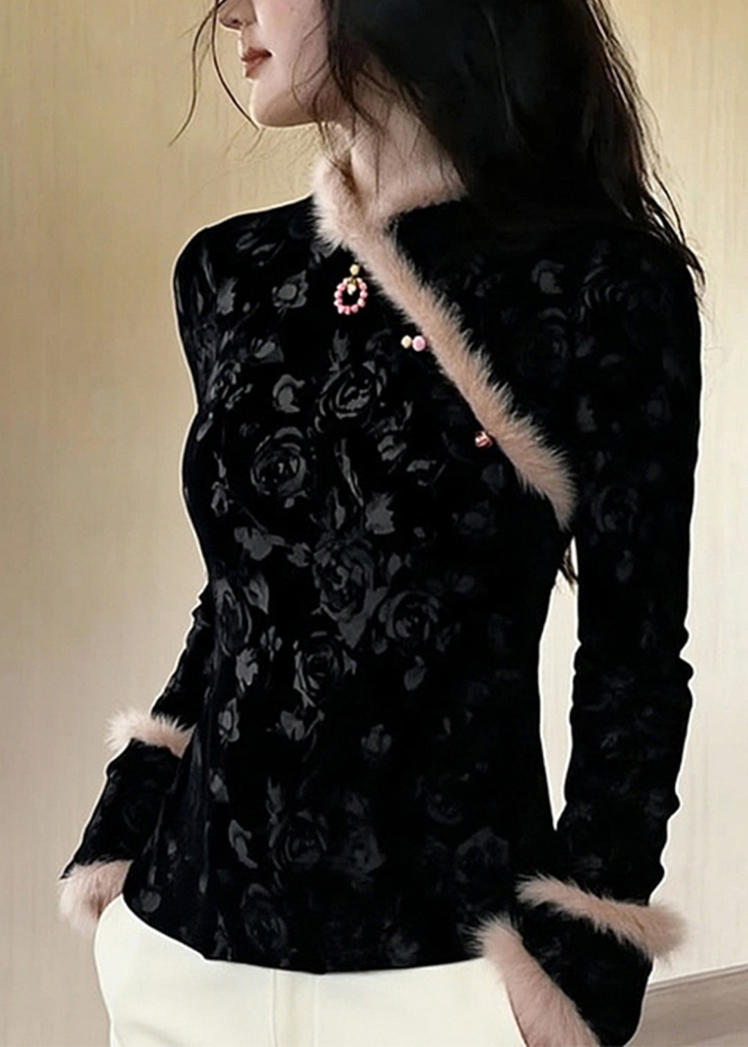 Chinese Style Black Jacquard Patchwork Faux Fur Blouses Winter