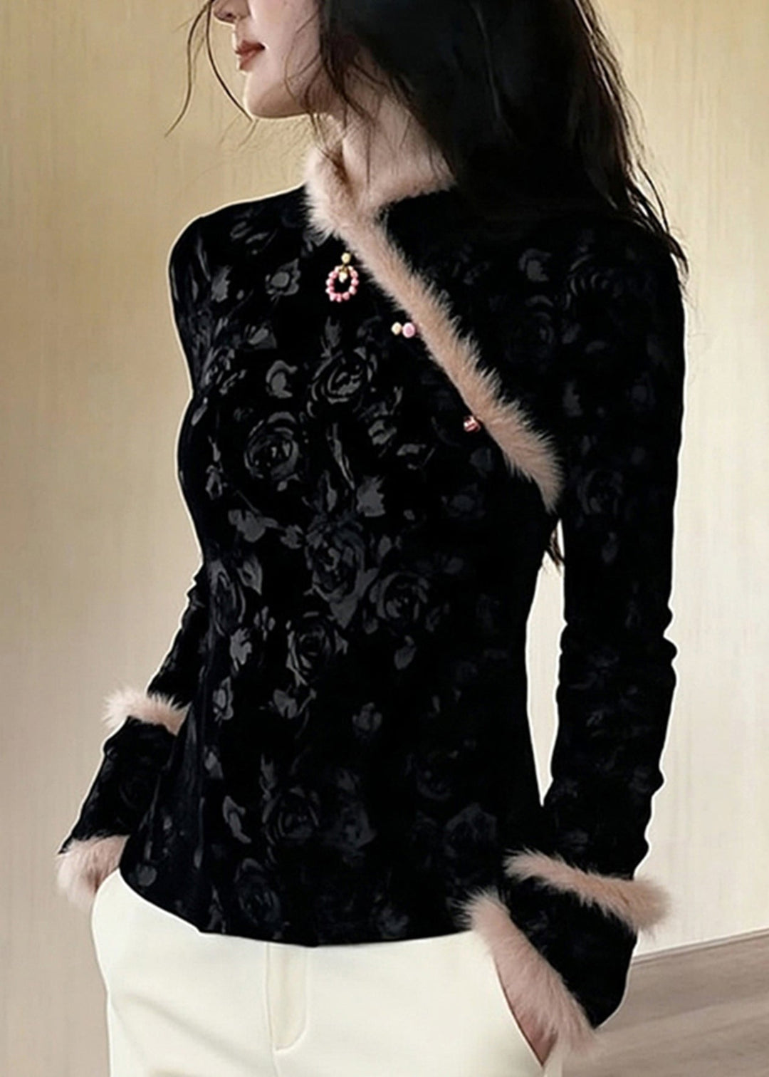 Chinese Style Black Jacquard Patchwork Faux Fur Blouses Winter