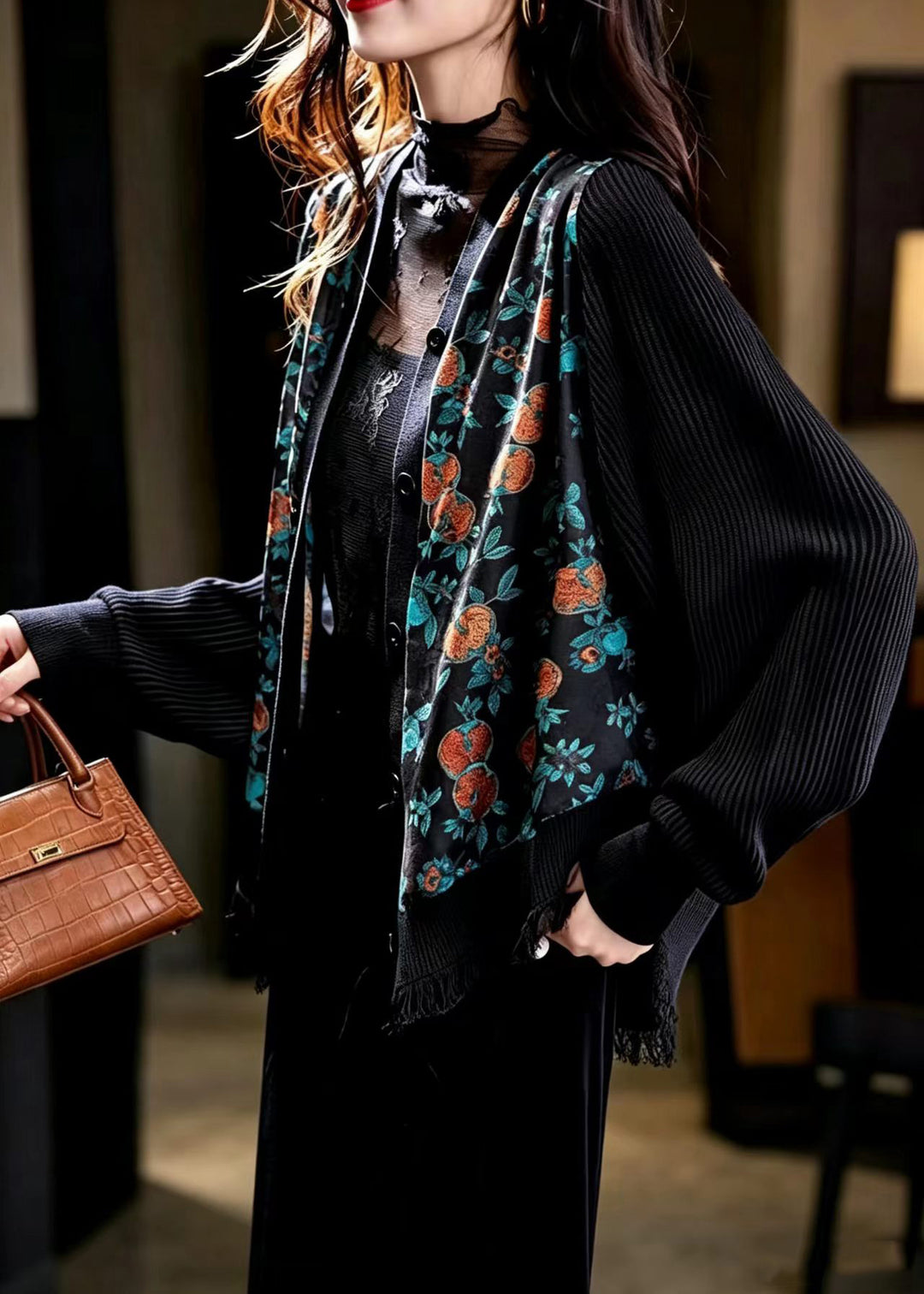 Chinese Style Black Jacquard Patchwork Knit Cardigan Batwing Sleeve