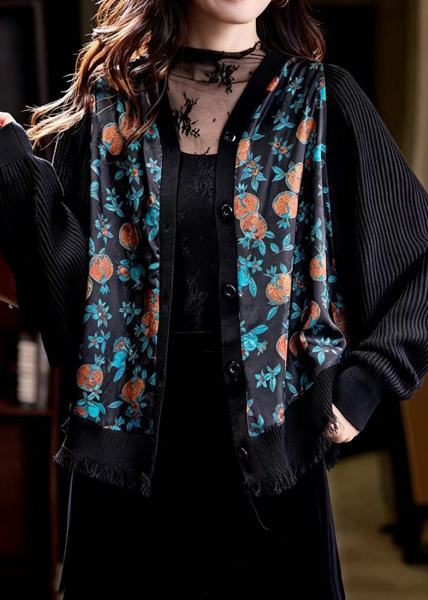 Chinese Style Black Jacquard Patchwork Knit Cardigan Batwing Sleeve