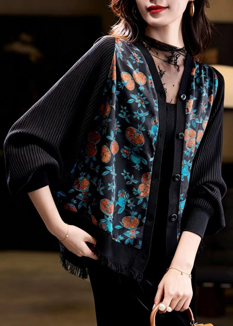 Chinese Style Black Jacquard Patchwork Knit Cardigan Batwing Sleeve