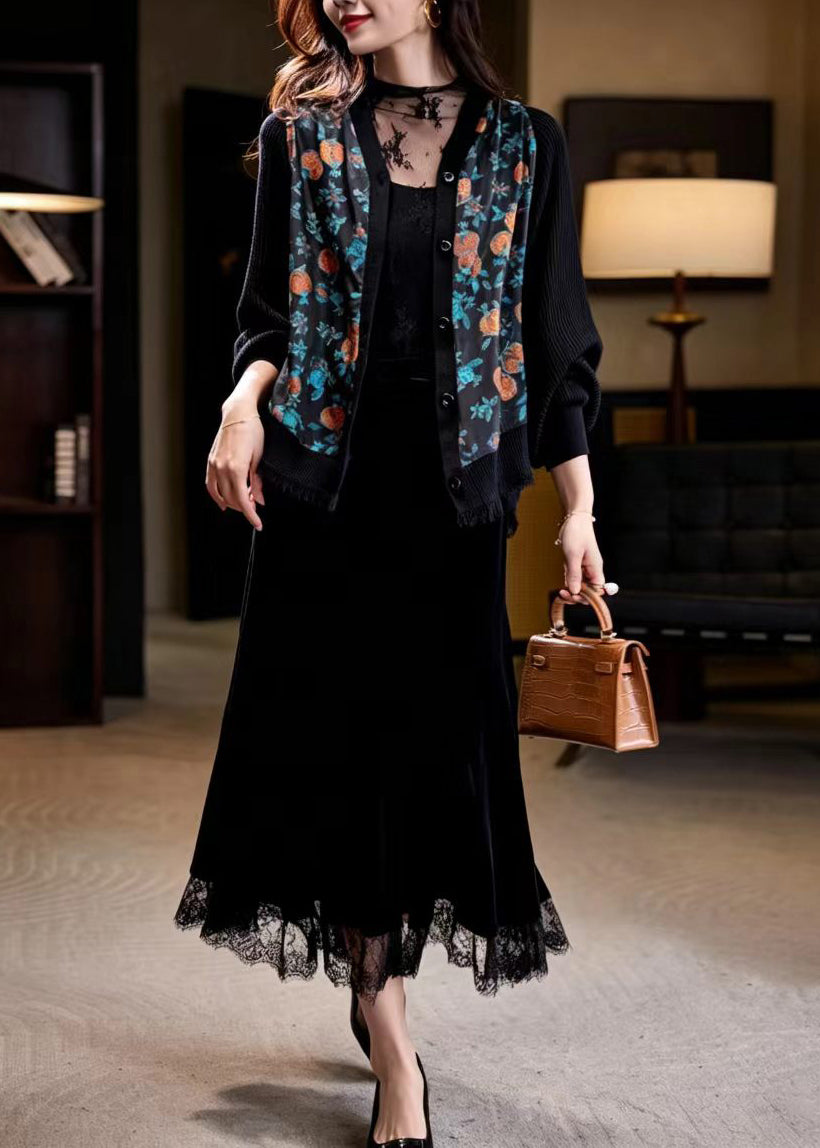 Chinese Style Black Jacquard Patchwork Knit Cardigan Batwing Sleeve