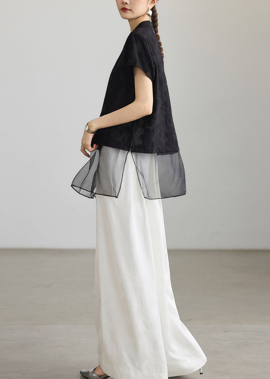 Chinese Style Black Jacquard Patchwork Mid Shirt Tops Summer