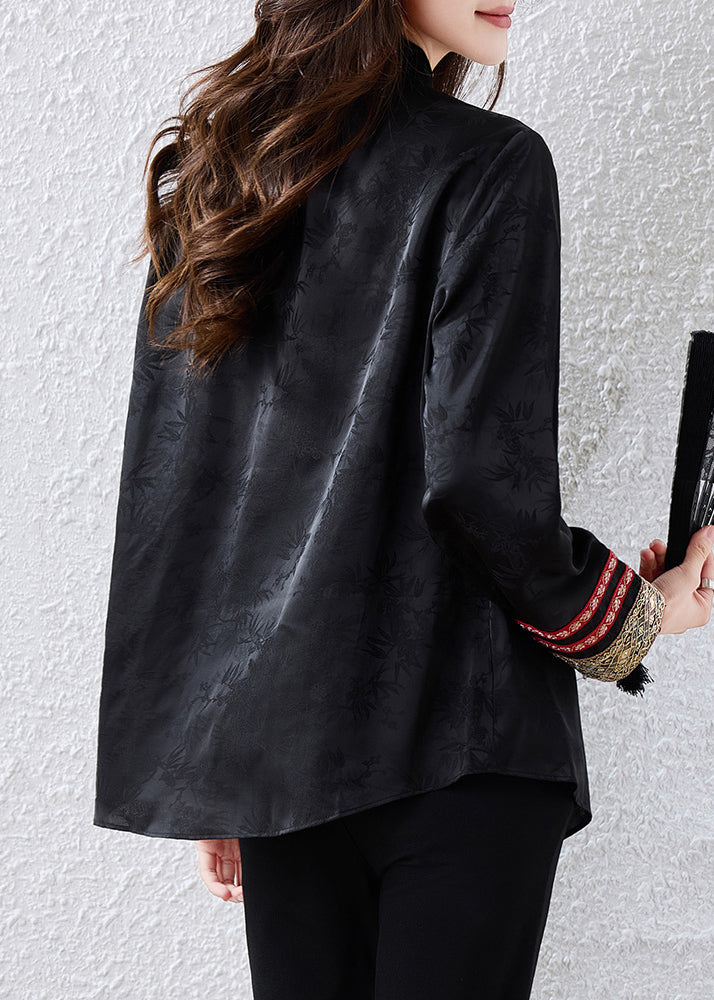 Chinese Style Black Jacquard Patchwork Silk Blouses Fall