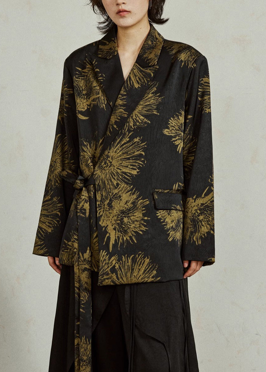 Chinese Style Black Notched Print Tie Waist Coats Fall