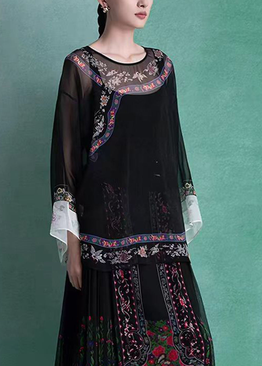 Chinese Style Black O-Neck Print Blouses Top Summer