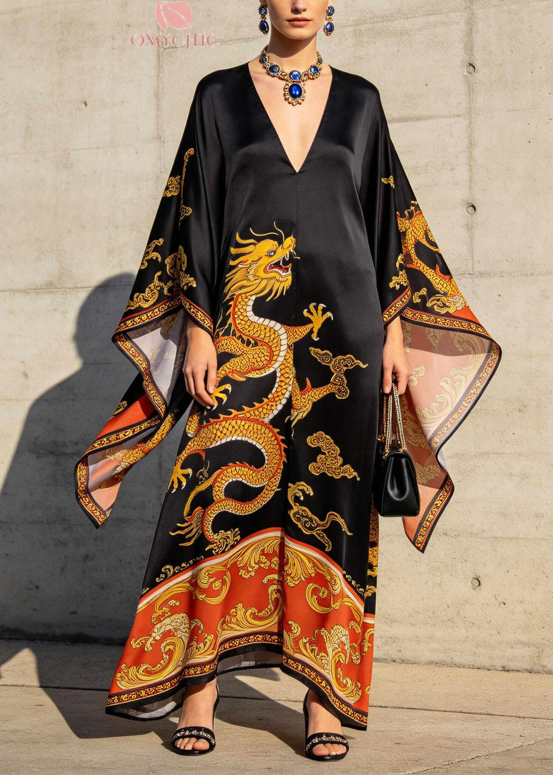 Chinese Style Black Oversized Print Chiffon Maxi Dress Batwing Sleeve