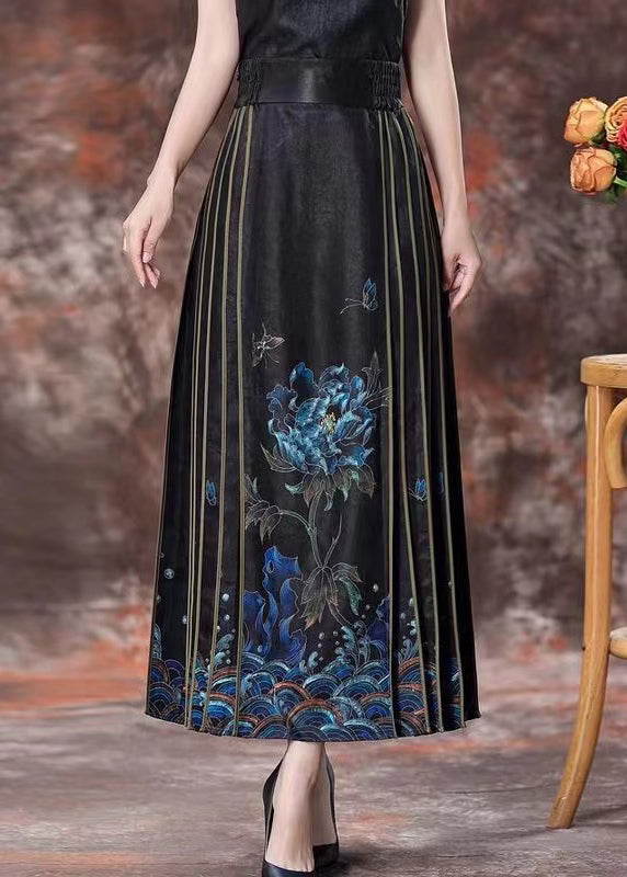 Chinese Style Black Print High Waist Silk Skirts Spring