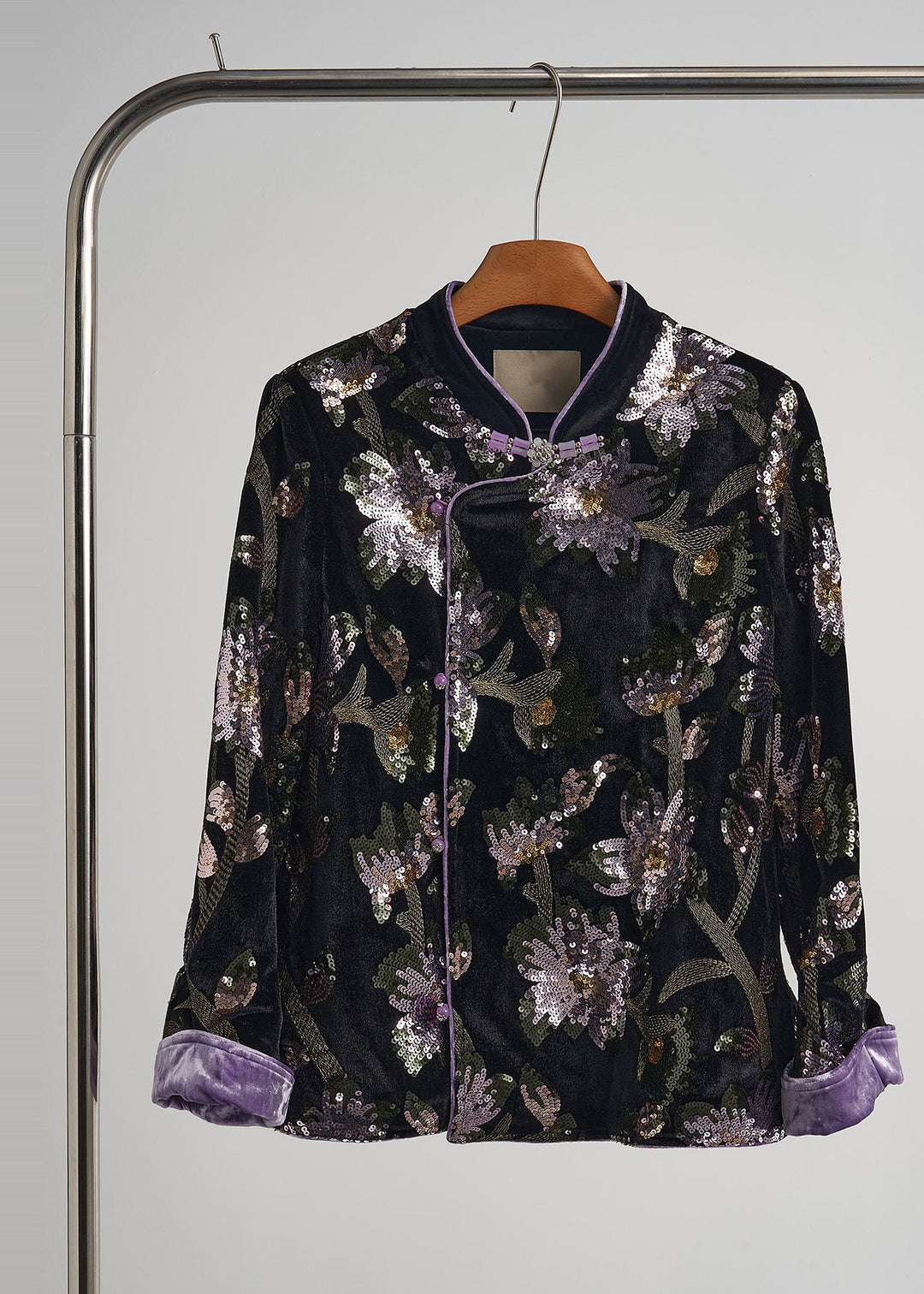 Chinese Style Black Sequins Embroidered Silk Velvet Coats Fall