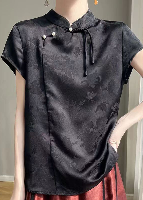 Chinese Style Black Solid Button Silk Top Short Sleeve