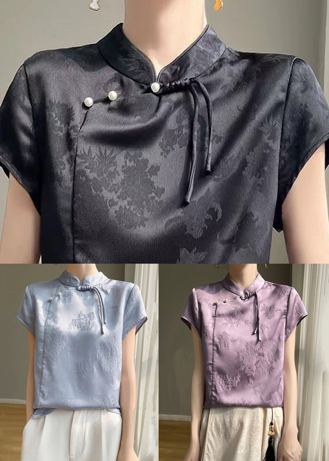 Chinese Style Black Solid Button Silk Top Short Sleeve