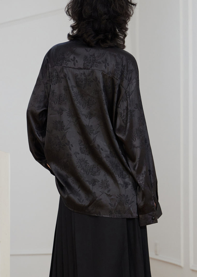 Chinese Style Black Stand Collar Button Silk Blouse Fall