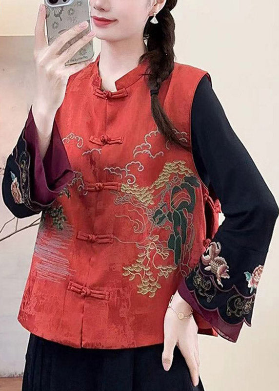 Chinese Style Black Stand Collar Embroidered Pockets Waistcoat Sleeveless