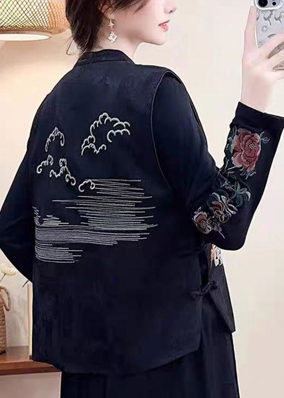 Chinese Style Black Stand Collar Embroidered Pockets Waistcoat Sleeveless